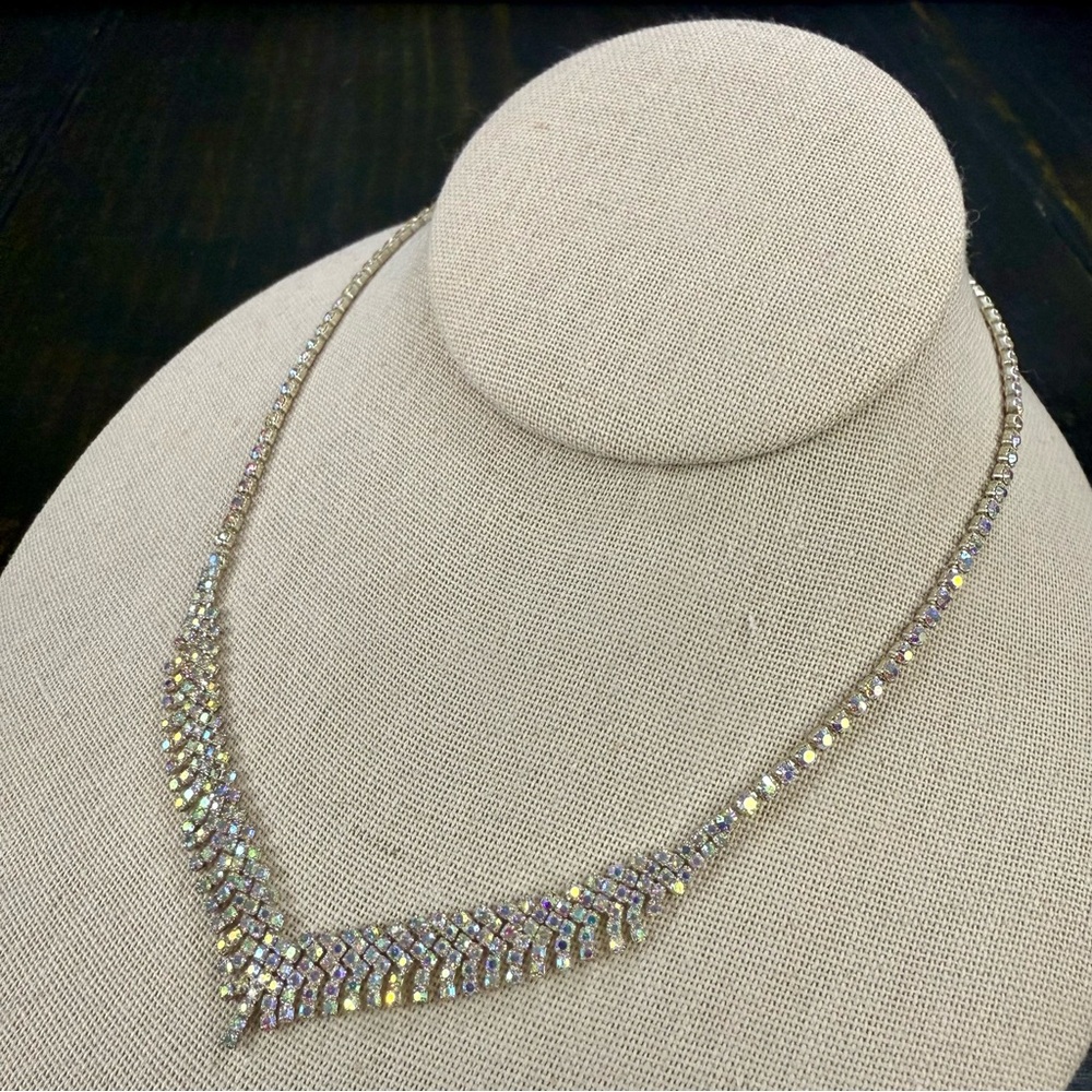 AB Coated Rhinestone Silver Tone Prong Set Collar Necklace Adjustable 15”+2.5”
